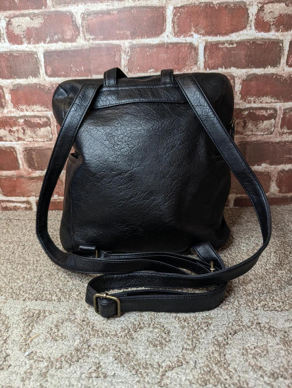 White Mountain Vegan Leather Backpack - Black Embroided Purse - Zip Top - Picture 3 of 9